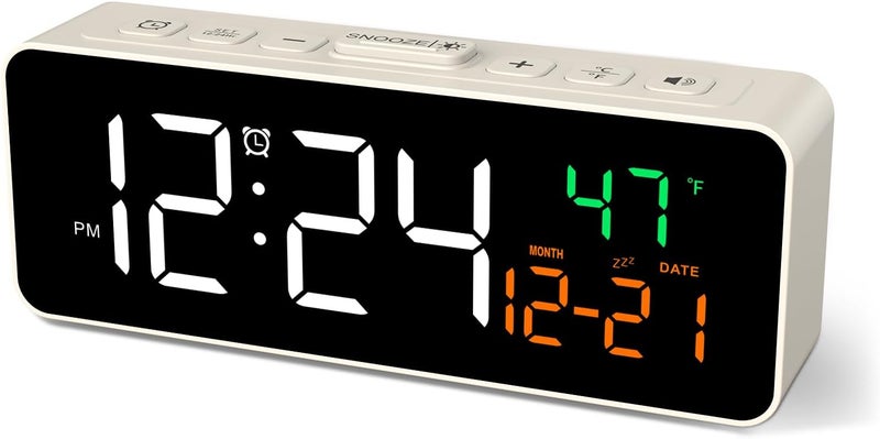 Netzu 3-in-1 Small Digital Clocks for Living Room with Temperature, Date & Time Display - 4 Levels Birghtness, 3 Volumes, Compact Plug-in Alarm Clock for Bedroom, Office (White) - Image 1